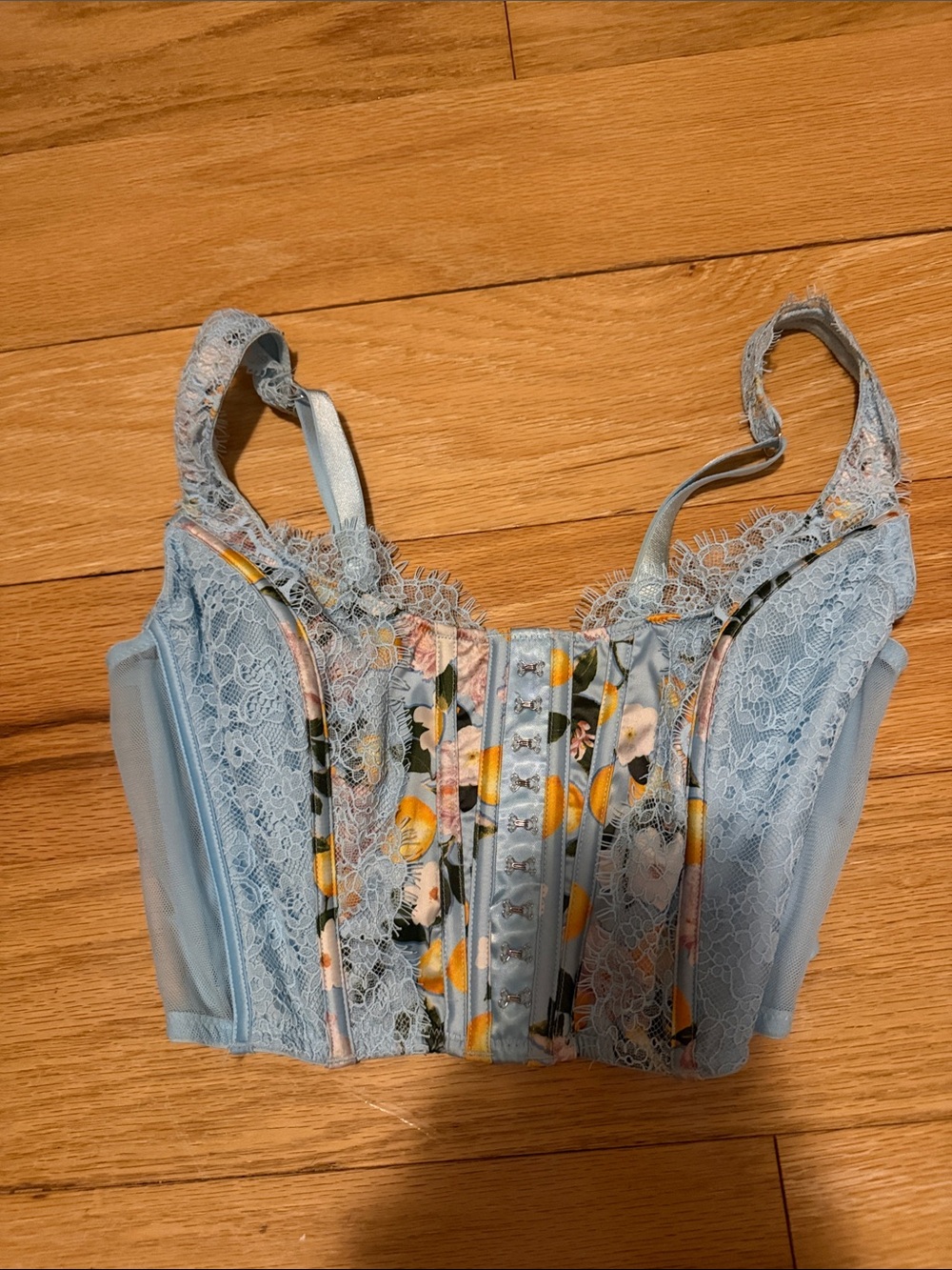 Victoria's Secret Pale Blue Lace Corset Crop Top with Floral Panel